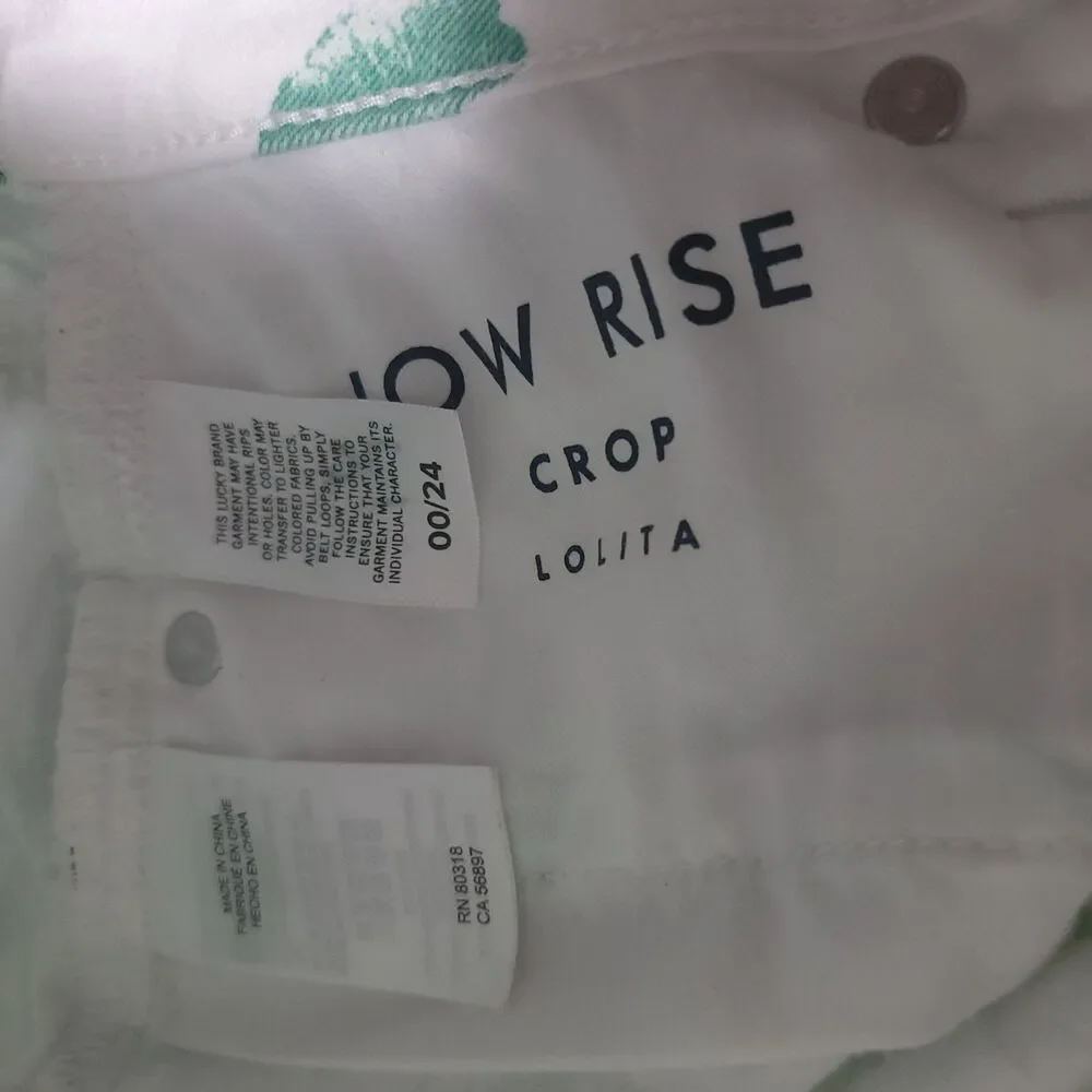 Lucky Brand Low Rise Crop Lolita Pants Womens 00/24 White Green Leaf Denim